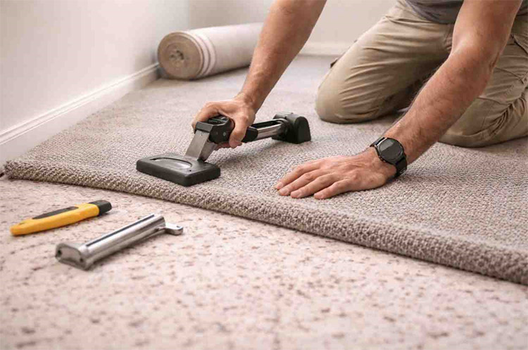 Professional carpet flooring installation in Dubai with expert fitting tools and precision finishing.