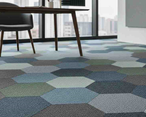 Acoustic carpet tiles in office with hexagon design for sound absorption.
