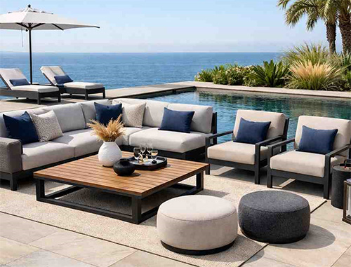 Outdoor lounge furniture with comfortable cushions in a hotel or resort setting