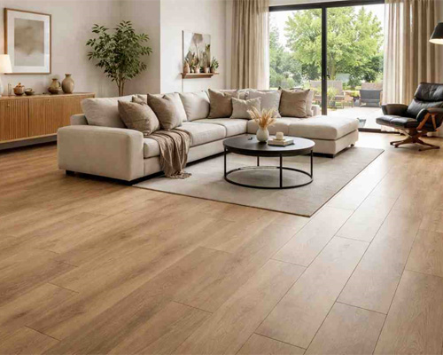 Modern living room with HDF laminate wood flooring and beige sofa interior design