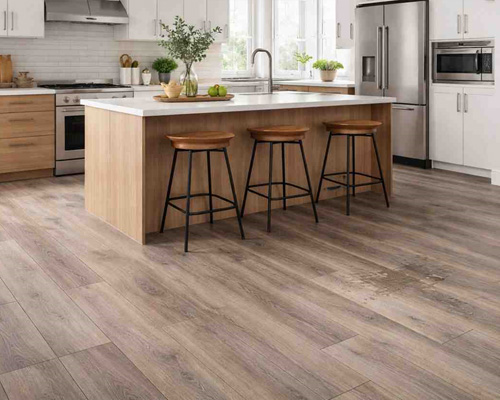 Modern kitchen interior with water resistant laminate flooring and wood finish planks