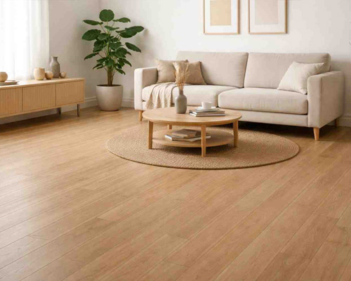 Contemporary living room with MDF laminate flooring and light wood texture finish
