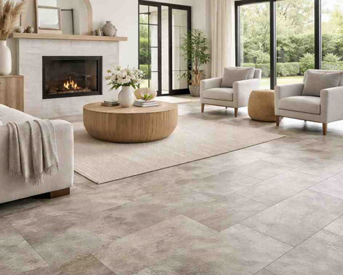 Living room with laminate stone flooring tiles and modern fireplace interior design