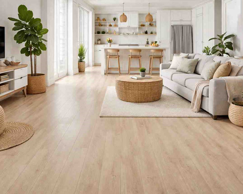 Bright modern living room with laminate plastic flooring and light wood finish