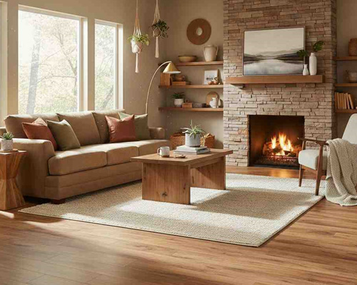 Cozy living room with laminate wood flooring and fireplace interior design
