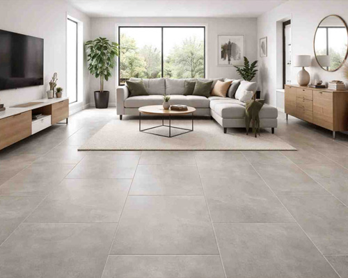 Modern living room with laminate tile flooring and large grey floor tiles