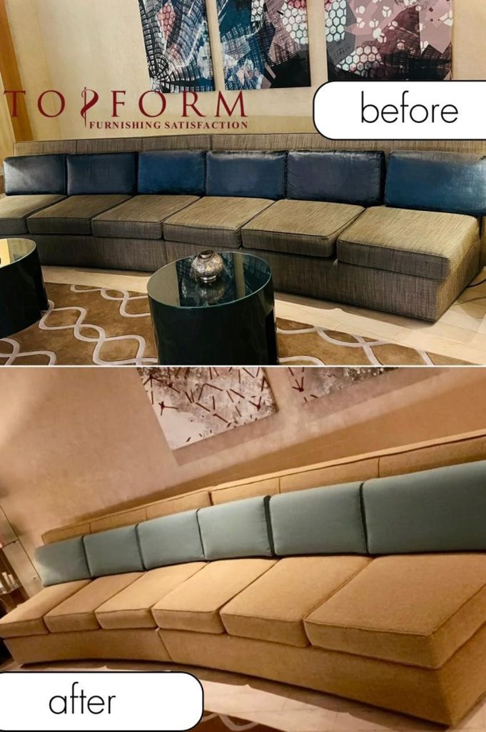 Before and after fabric sofa reupholstery showing cushion and upholstery transformation