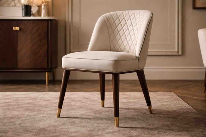 Custom made upholstered dining chair with quilted backrest and wooden legs for modern dining room in Dubai