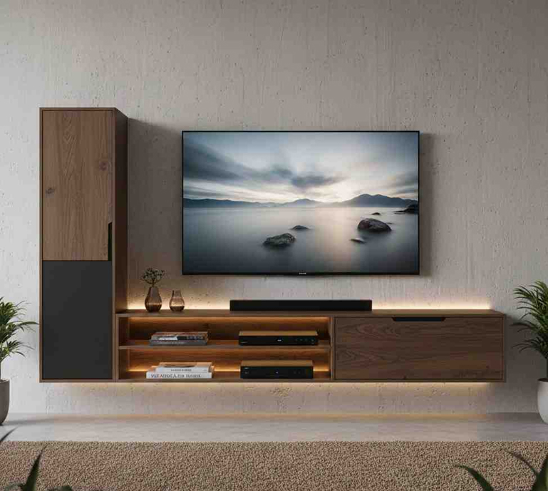 Floating wall mounted TV cabinet with wooden storage and minimalist design
