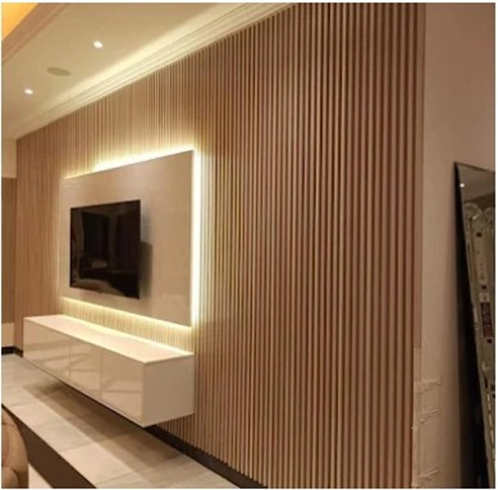 Modern TV wall panel with vertical wooden slats and floating cabinet with LED backlighting