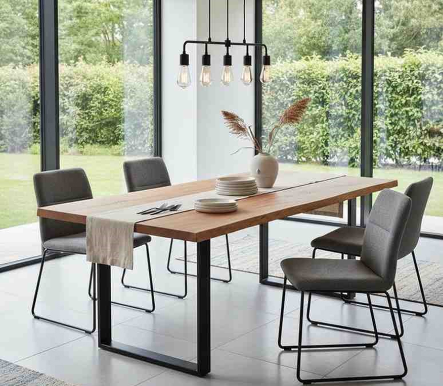 Fixed custom dining table with wooden top and modern chairs in bright dining area