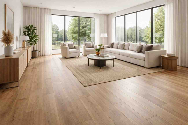 Solid core SPC flooring installed in modern living room with wooden finish