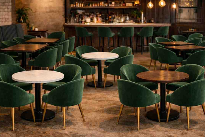 Upholstered cafe and restaurant chairs with round tables in stylish dining interior