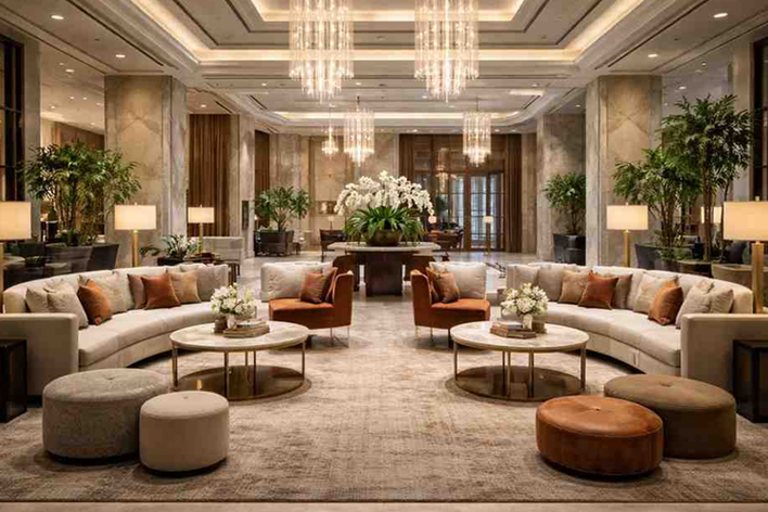 Elegant upholstered lobby seating chairs arranged around coffee tables in luxury interior