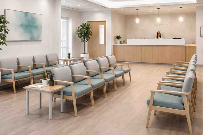 Neatly arranged clinic waiting area chairs with wooden arms in modern reception space