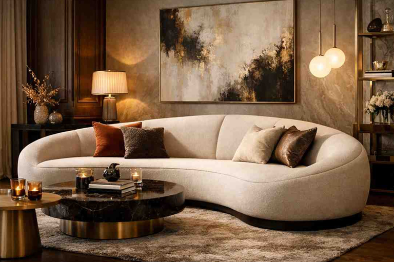 Elegant custom made curved sofa with smooth rounded design for stylish living room