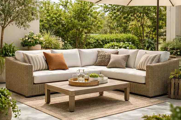 Durable custom made outdoor sofa with weather resistant cushions for patio seating