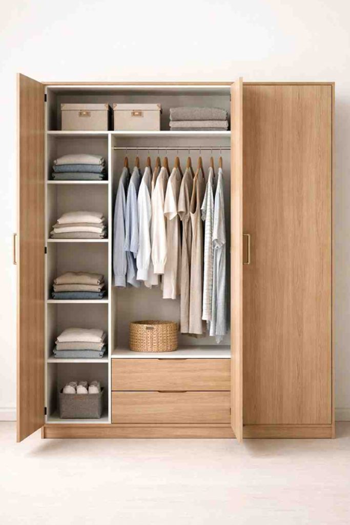 3 door wooden wardrobe with hanging section, shelves and drawers, designed for medium bedroom storage and organized clothing space