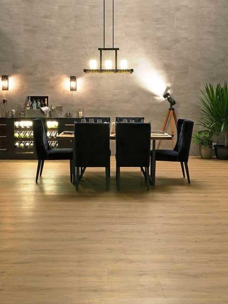 Finished SPC wood flooring in modern dining area interior