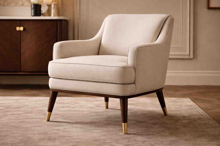 Elegant custom upholstered armchair with padded arms and wooden legs for living room seating in Dubai