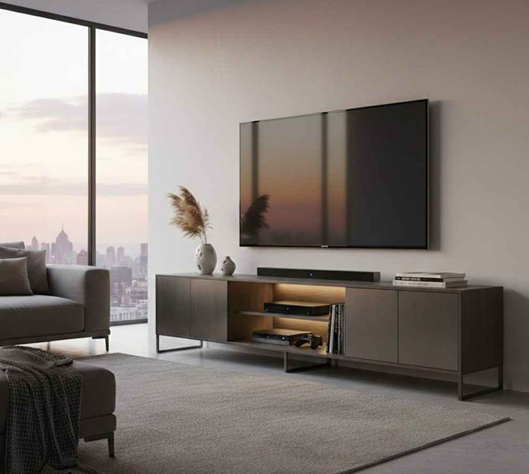 Floor standing TV cabinet with base storage and modern living room setup