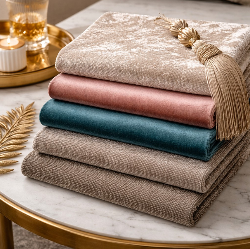 Velvet and chenille upholstery fabrics in soft luxury textures for sofa reupholstery