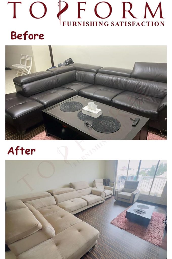 Before and after sectional sofa reupholstery showing complete fabric and comfort transformation