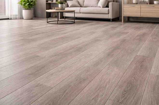 Glue-down SPC flooring with natural wood texture in living area