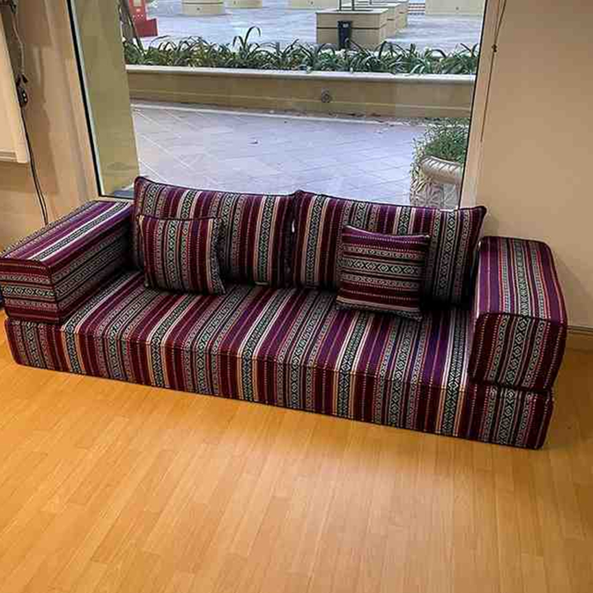 Traditional custom made majlis sofa with patterned fabric for comfortable lounge seating