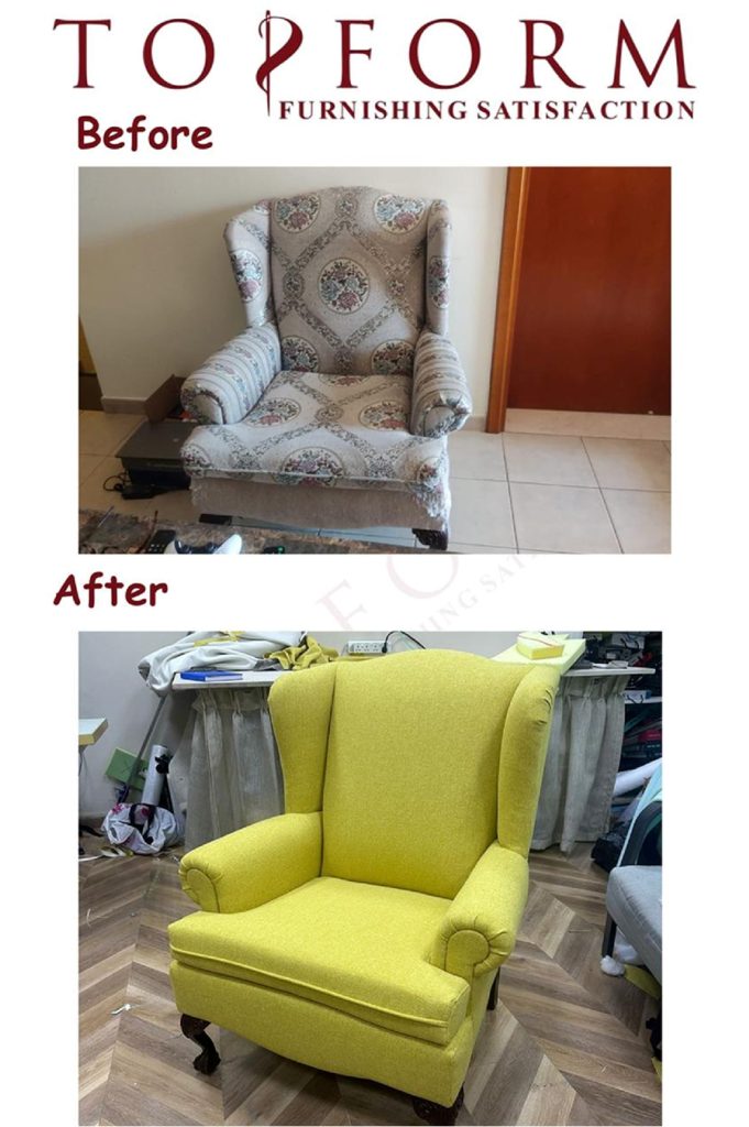 Before and after armchair reupholstery with modern fabric and refreshed design