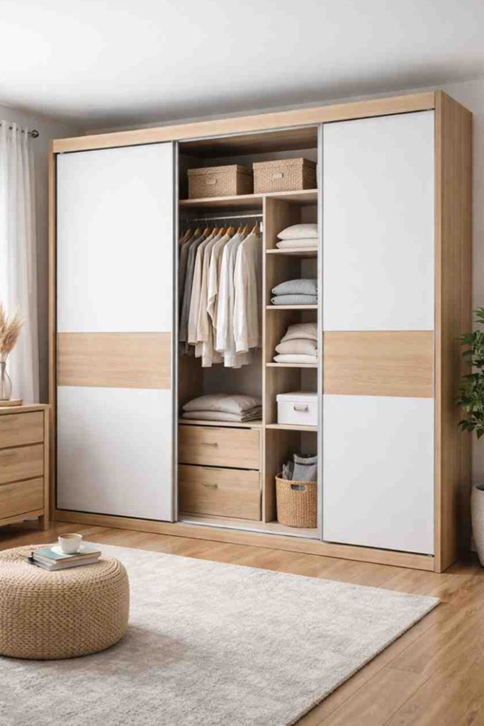 Modern sliding door wardrobe with hanging space, shelves and drawers, designed for space saving bedroom storage