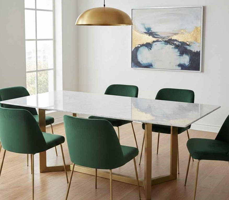 Custom marble top dining table with modern green chairs in stylish dining room
