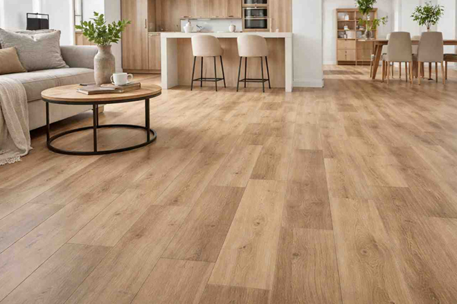 SPC vinyl plank flooring with hardwood look in contemporary home