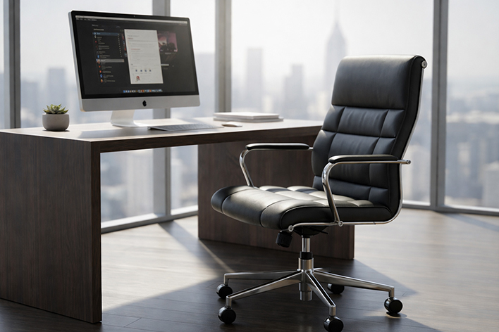 Ergonomic custom office chair with leather upholstery at modern workspace in Dubai