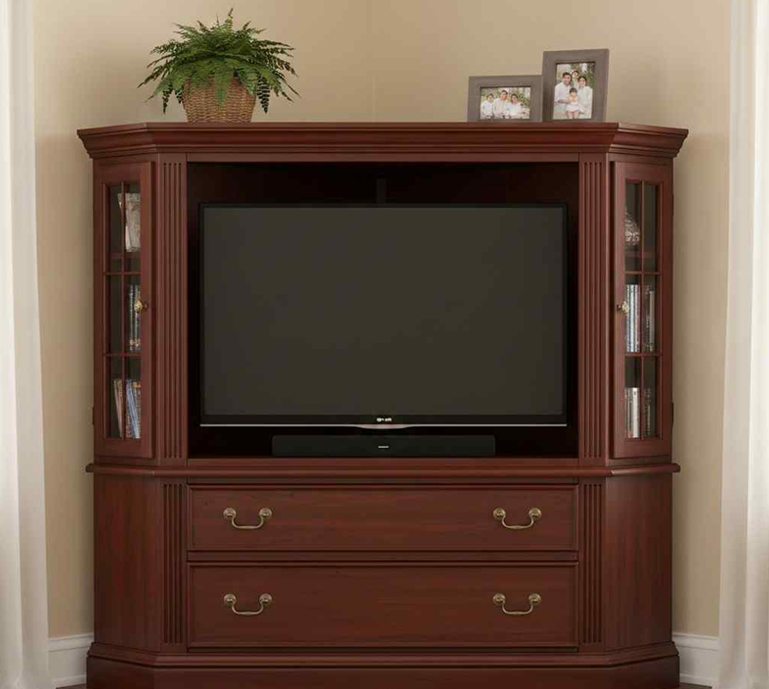 Wooden corner TV cabinet with drawers and display shelves for compact spaces