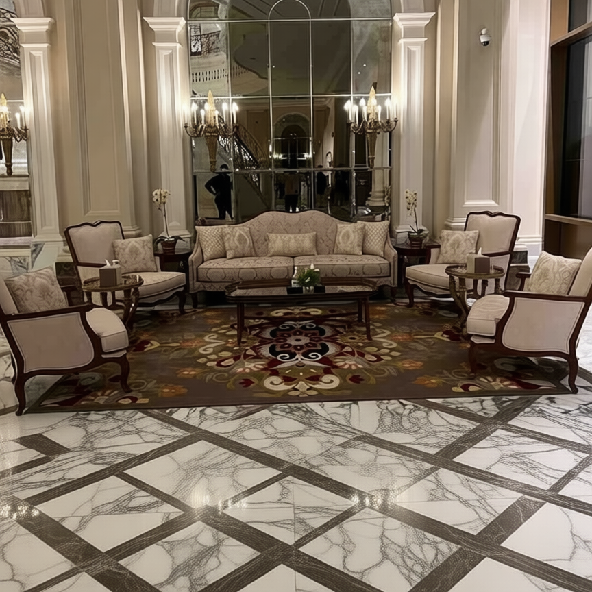 Elegant custom made sofa set arranged in luxury hotel lobby interior