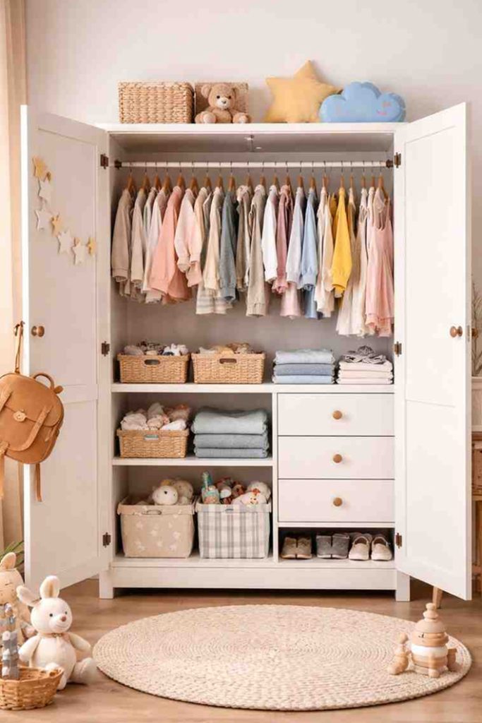 Kids wardrobe with hanging clothes, drawers, toy storage baskets and shelves in a colorful children bedroom