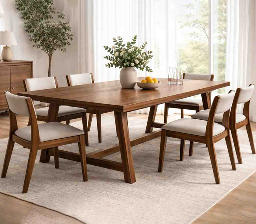 Solid wood custom dining table with matching chairs in warm dining space