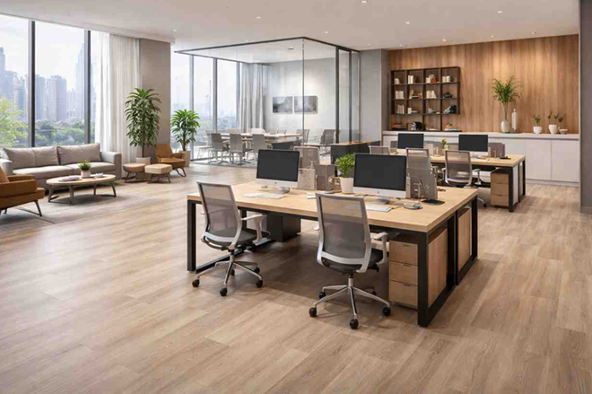 SPC tile flooring installed in modern office interior with wood finish