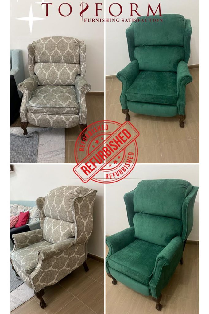 Before and after armchair reupholstery showing refurbished fabric and renewed comfort