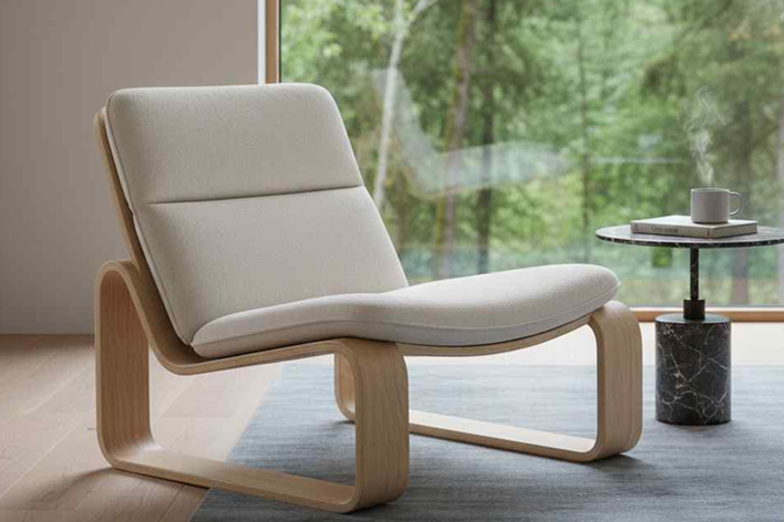 Modern custom lounge chair with curved wooden frame and upholstered seat for relaxing home interior Dubai