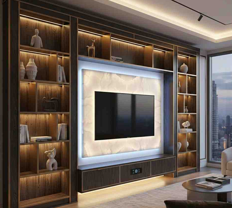 Luxury TV wall unit with wooden display shelves, LED lighting, and built in entertainment cabinet