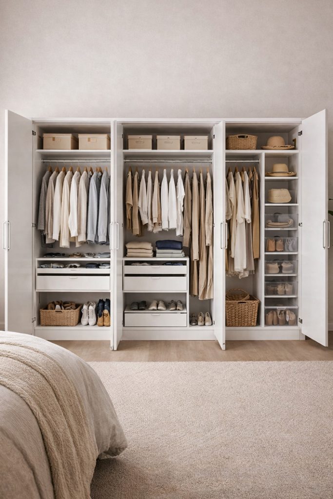 Modern bedroom wardrobe with multiple hanging sections, shelves, drawers and organized storage for clothes and accessories