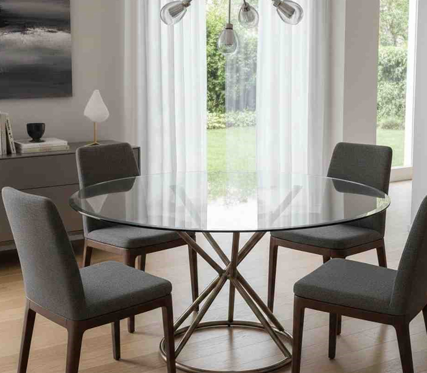 Custom glass top dining table with modern chairs in bright contemporary dining room