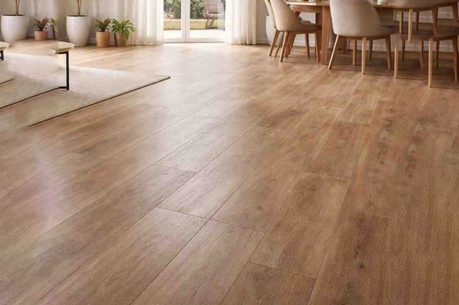 Textured SPC flooring with embossed wood design in dining area