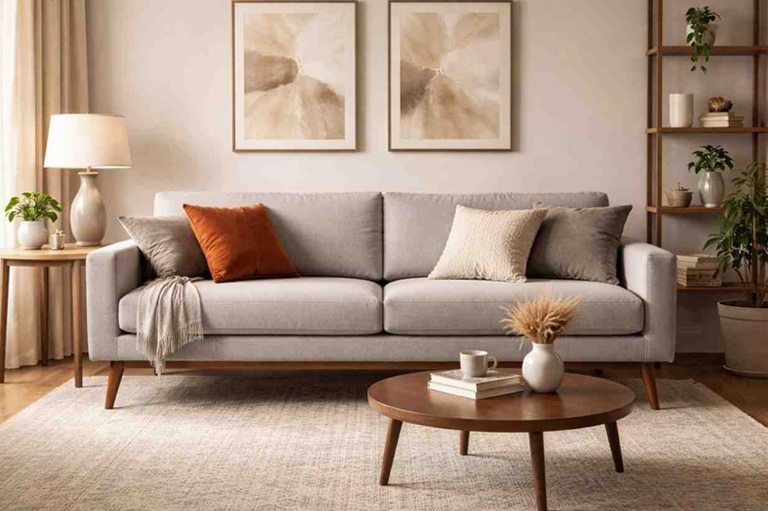 Stylish custom made mid-century modern sofa with clean lines and wooden legs