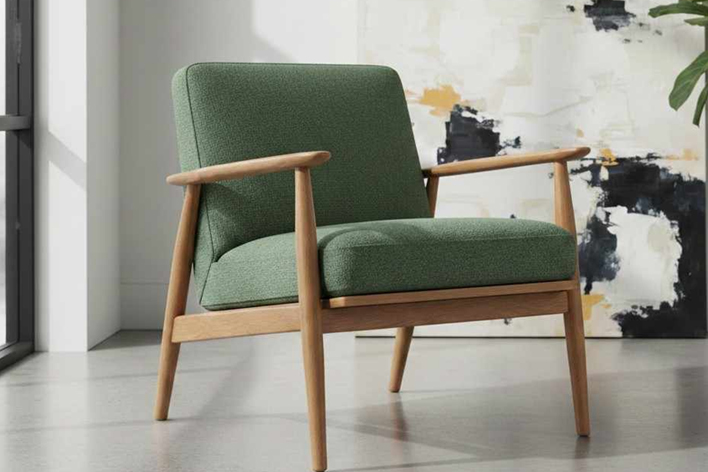 Stylish custom accent chair with green upholstery and wooden frame for contemporary living room Dubai