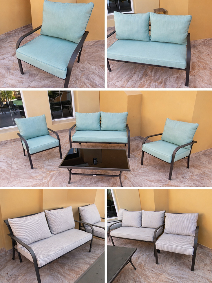 Outdoor metal sofa set with blue cushions arranged around coffee table