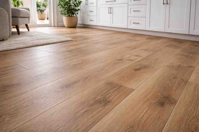 Waterproof SPC flooring with wood look finish in kitchen space