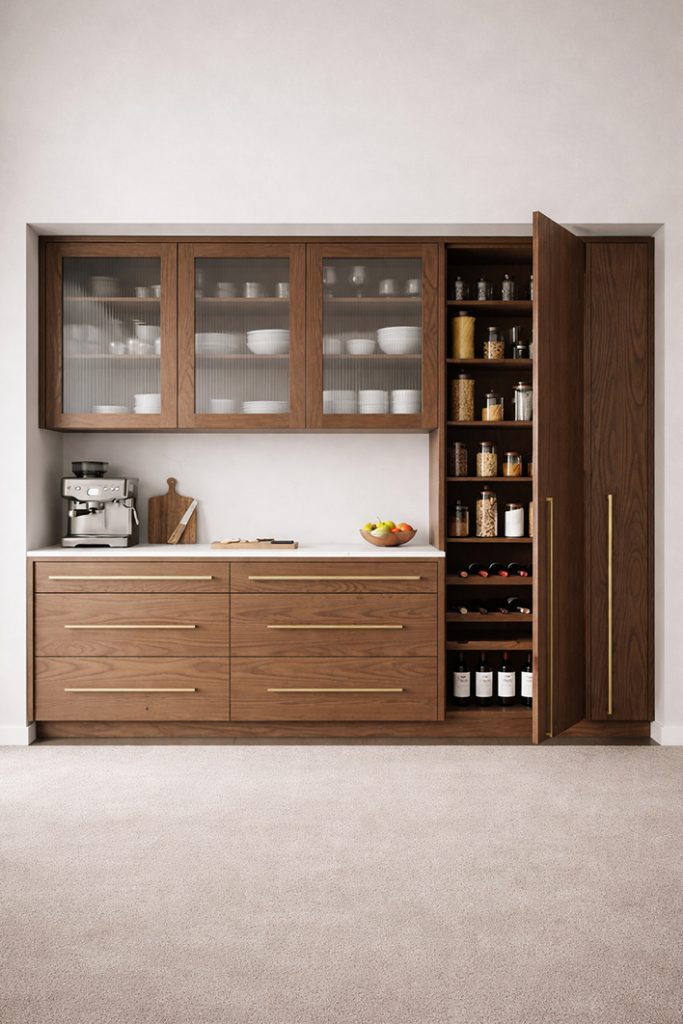 Modern wooden kitchen wardrobe with glass cabinets, drawers and tall pantry storage for organized kitchen essentials